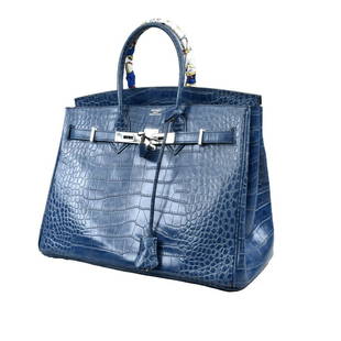 REPLICA Hermes Birkin Bag: REPLICA Hermes Birkin Blue Faux Crocodile Bag with Silk Twilly and White Metal Hardware. Measures 11-1/2" H, 14" W, 5" handle drop. With dust cover. Condition: New condition. Estimate: $400.00 - $800.