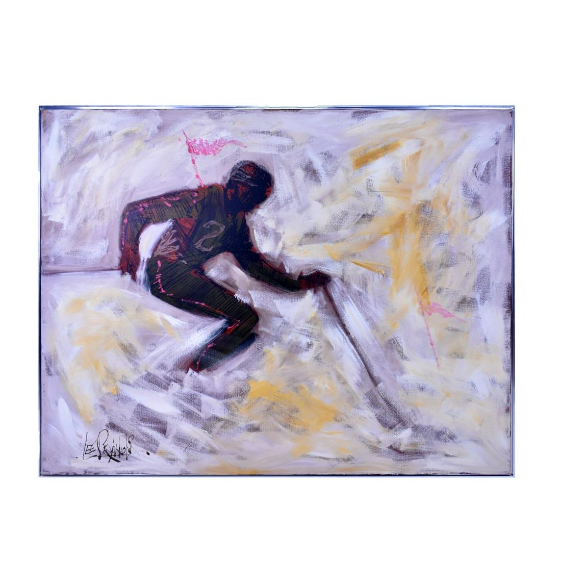 Lee Reynolds (20th C.): Lee Reynolds, American (20th century) "Skier" Oil on Canvas, Signed Lower Right. Measures 48" x 60". Frame measures 49" x 61". Condition: Very thin 3" tear to the canvas otherwise good condition. Esti