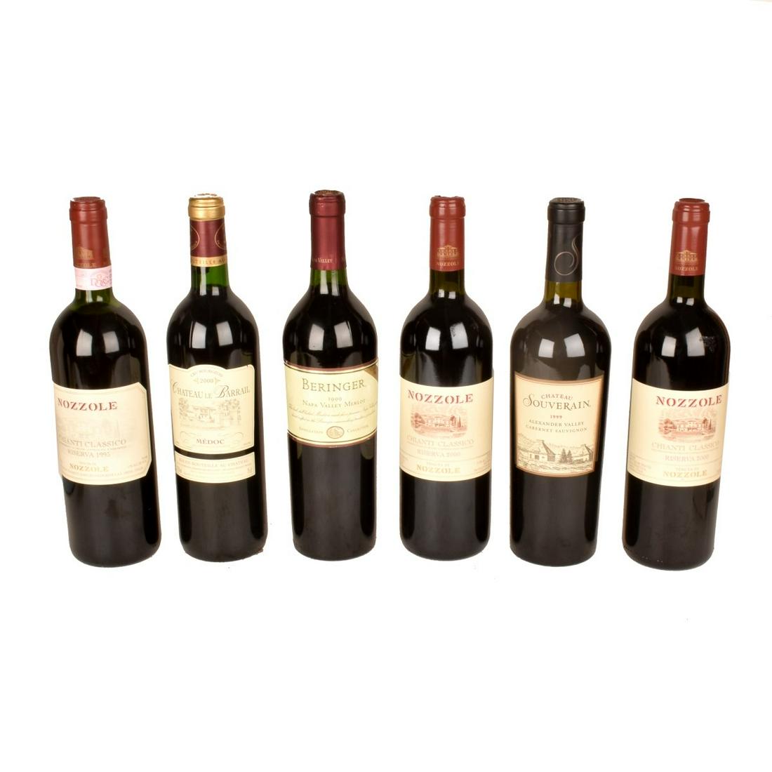 Six Bottles of Wine: Grouping of Six Assorted Bottles of Wine to Include Chateau Souverain, (3) Nozzole, 1999 Beringer, and 2000 Chateau Le Barrail. Size: 750ml. Condition: Sealed unopened condition. Any contents in bottl