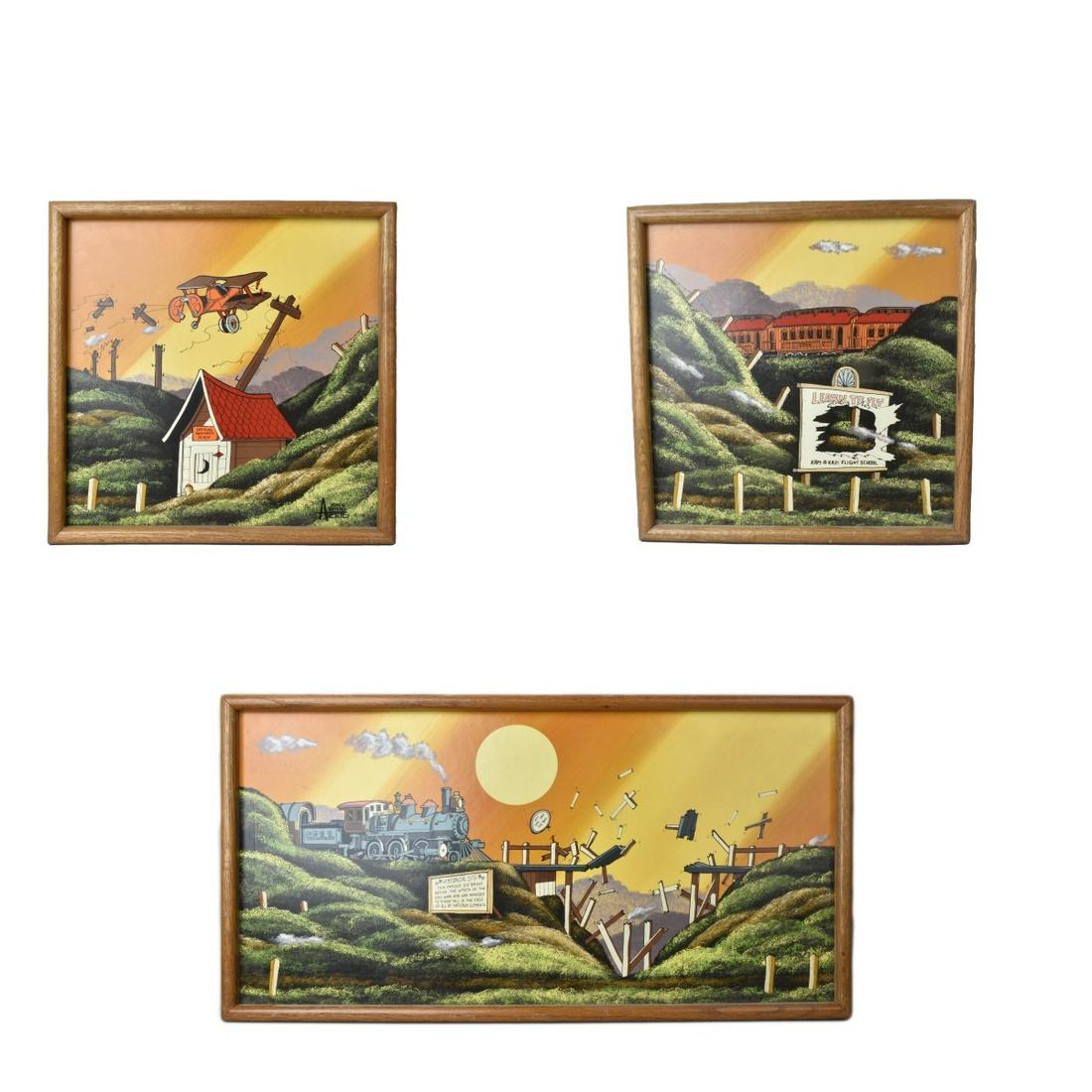 Don & Beverly Aceto (20/21st C.): Don & Beverly Aceto, American (20/21st Century) "Accident Waiting to Happen" 3 pc. Triptych Oil on Masonite, Signed and Dated 1981, Presentation inscription en verso. Remnant of a CAO attached. Larges