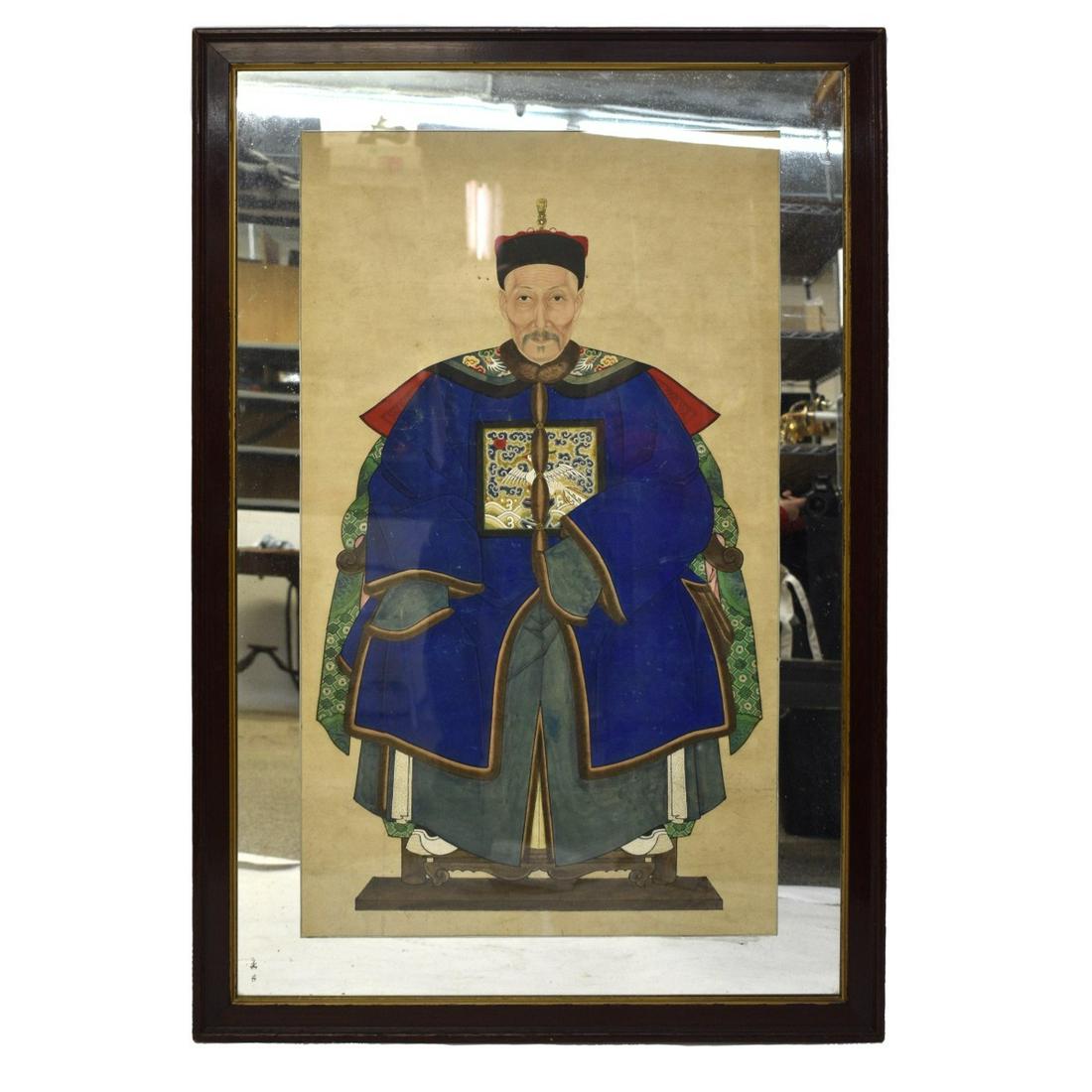 Antique Chinese Gouache on Paper: Large Antique Chinese Gouache on Paper of a Seated Ancestral Portrait Presented on a Mirrored Backing. Sight measures 38" x 22". Frame measures 47-3/4" x 31-3/4". Condition: Toning from age a light fo