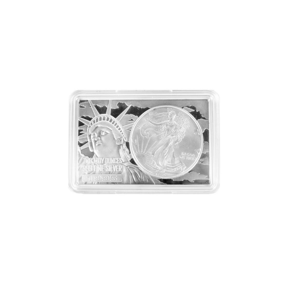 1995 U.S. 2 Oz 999 Silver Bar with 1 Oz Coin (1 of 2)