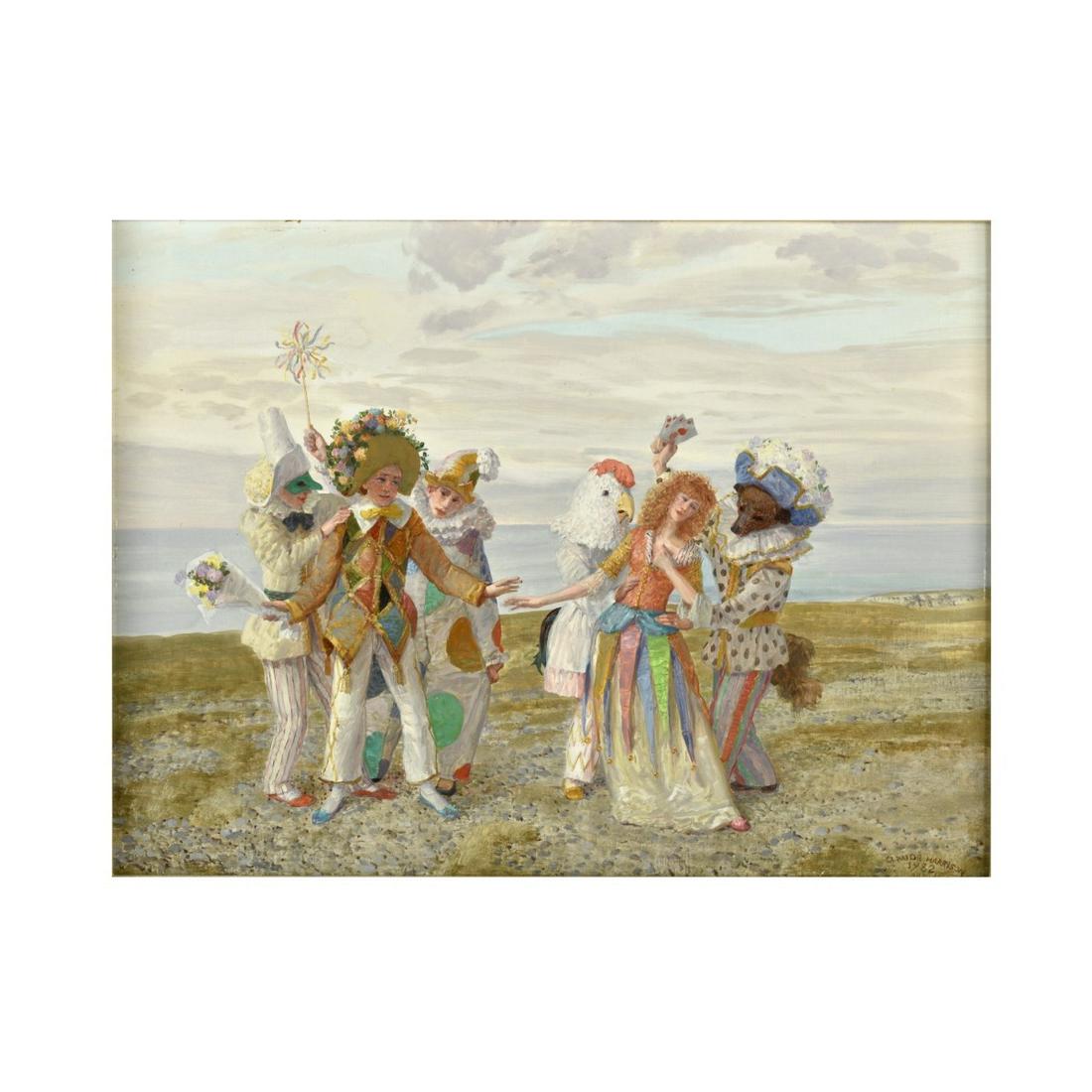 Claude William Harrison (1922 - 2009): Claude William Harrison, British (1922 - 2009) "Comedians Betrothed" Oil on Masonite, Signed and Dated 1982 Lower Right. Inscribed and gallery label en verso. Measures 12" x 16". Frame measures 17" x