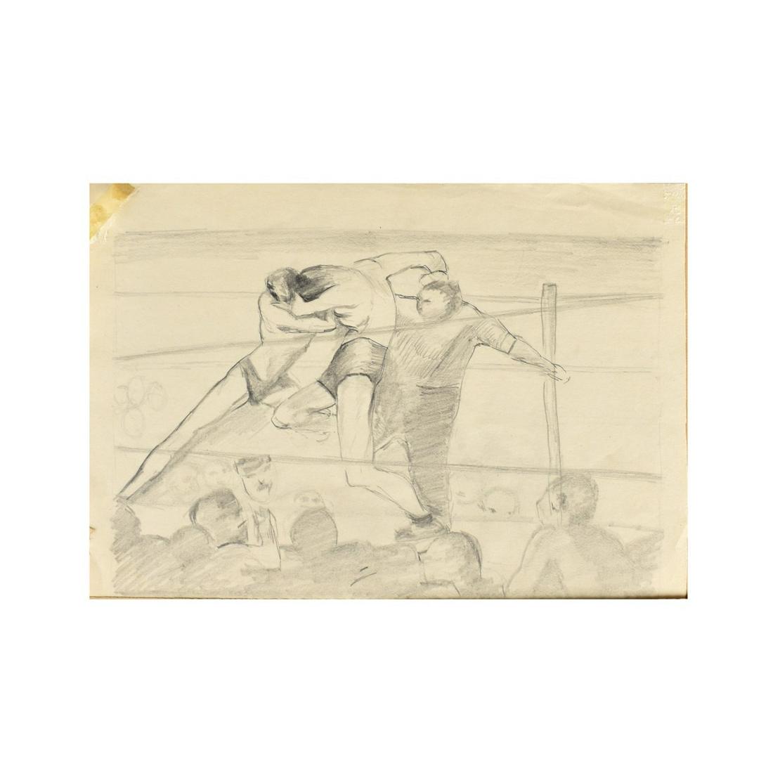 Fletcher Martin, American (1904-1979): Attributed to: Fletcher Martin, American (1904-1979), Pencil Sketch on Paper, Boxing Match. Unsigned. Measures 10-1/4" H, 13-1/4" W. Estimate: $500.00 - $1000.00 Domestic Shipping: $48.00 Condition: T