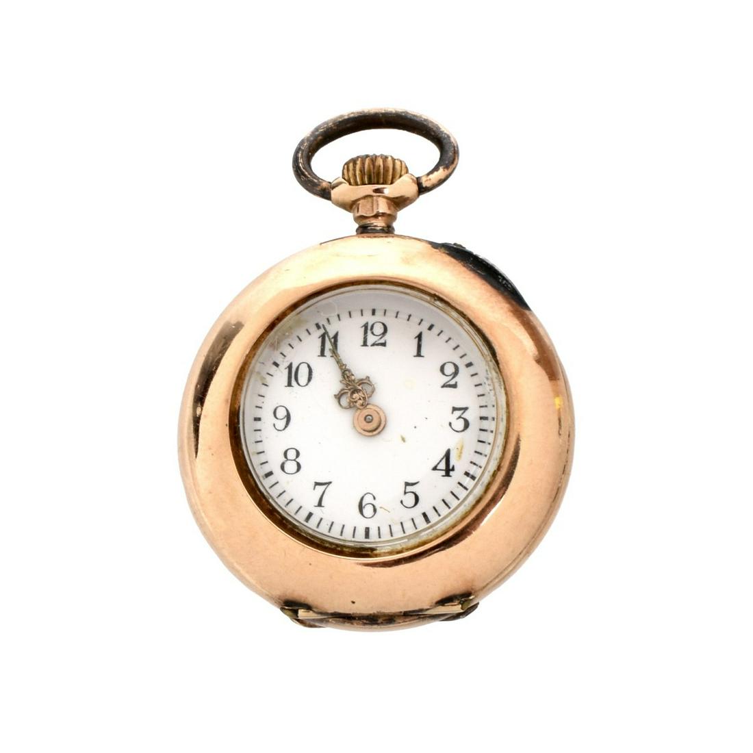 14K and Diamond Pocket Watch: Lady's Antique Possibly English 14 Karat Yellow Gold Pocket Watch with Old European Cut Diamond Accented Case. Manual wind movement. Case measures 25mm. Interior case back stamped .585. Movement case 