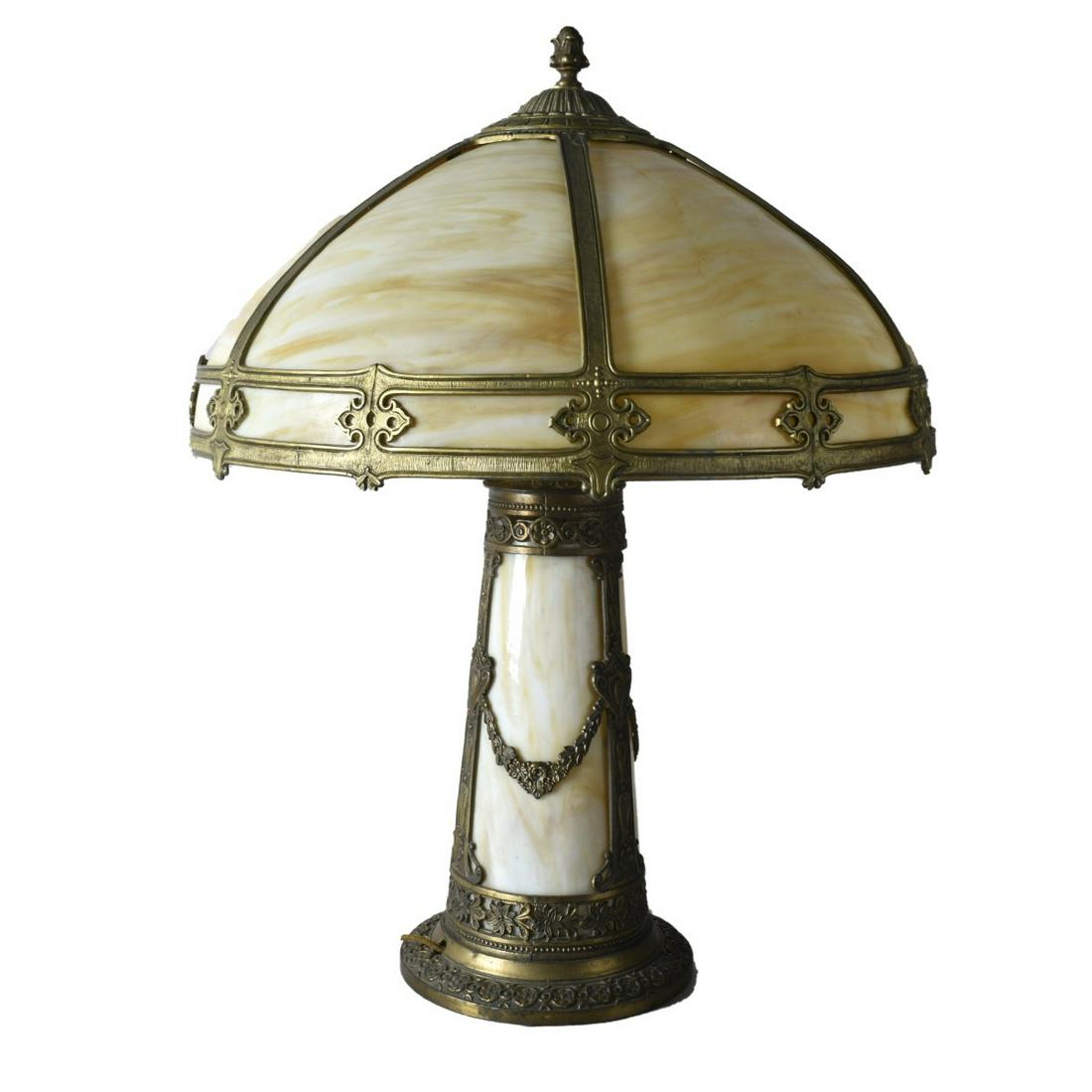 Antique Caramel Slag Glass Lamp: Antique Caramel Slag Glass Lamp with Bronzed Metal Hardware and Base. Overall height: 25-1/2". Shade measures 18-3/4" diameter. Estimate: $600.00 - $800.00 Domestic Shipping: Third party Condition: Go