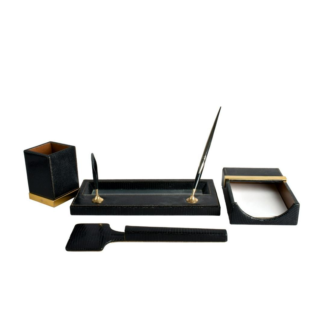 Vintage Mark Cross Desk Accessories: Vintage Mark Cross Leather Desk Accessories with Gilt Mounts to Include Double Pen Holder, Note Pad Holder, Pen Holder, Pen, and Scissor Holder. Each marked on the base. Pen holder measures 4-1/4" x 3