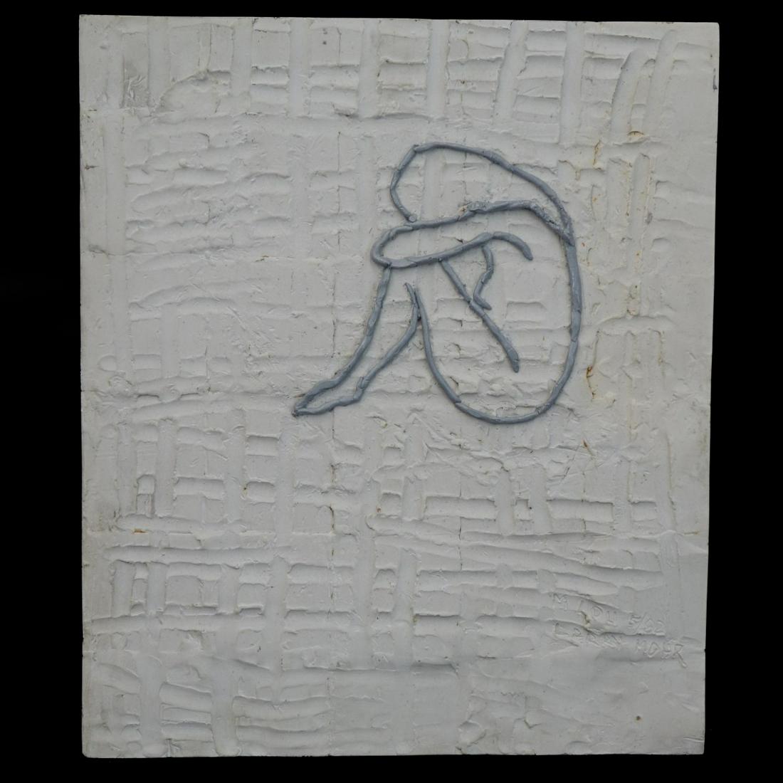 Larry Mohr, American (1921 - 2013) Wall Sculpture: Larry Mohr, American (1921 - 2013) Plaster and Composition Wall Hanging Line Sculpture "M Lou" (Erotic Composition) Signed and Dated 5/25 Lower Right. Measures 11-3/4" x 11-3/4". Measures 13" x 13" (w