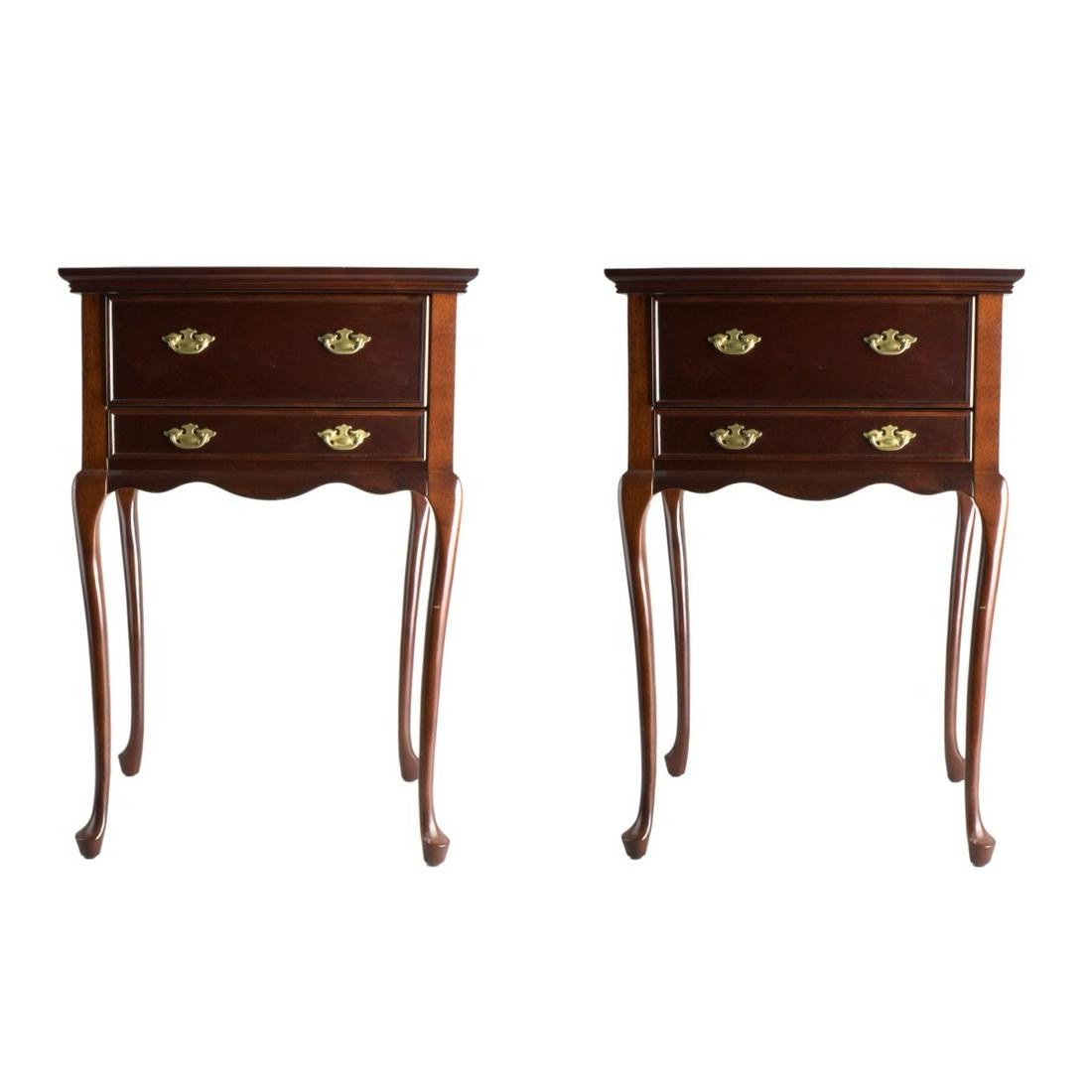 Pair of Tea Tables: Pair of Mahogany Tea Tables with Brass pulls by The Bombay Company. Signed. Measures 23-3/4" x 15-3/4" x 12-1/4". Estimate: $50.00 - $100.00 Domestic Shipping: Third party Condition: Good condition.