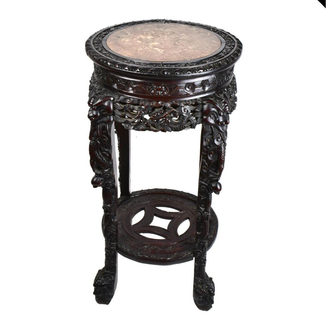 Chinese Carved Hardwood Marble Top Stand (1 of 6)