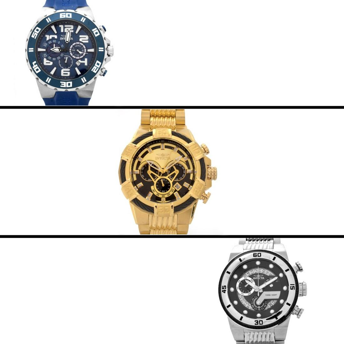 Men's Invicta Watches: Three Men's Invicta Watches. To include Model 24669 Pro Diver stainless steel chronograph with rubber bracelet, quartz movement; Model 25280 stainless steel chronograph bracelet watch, quartz movement