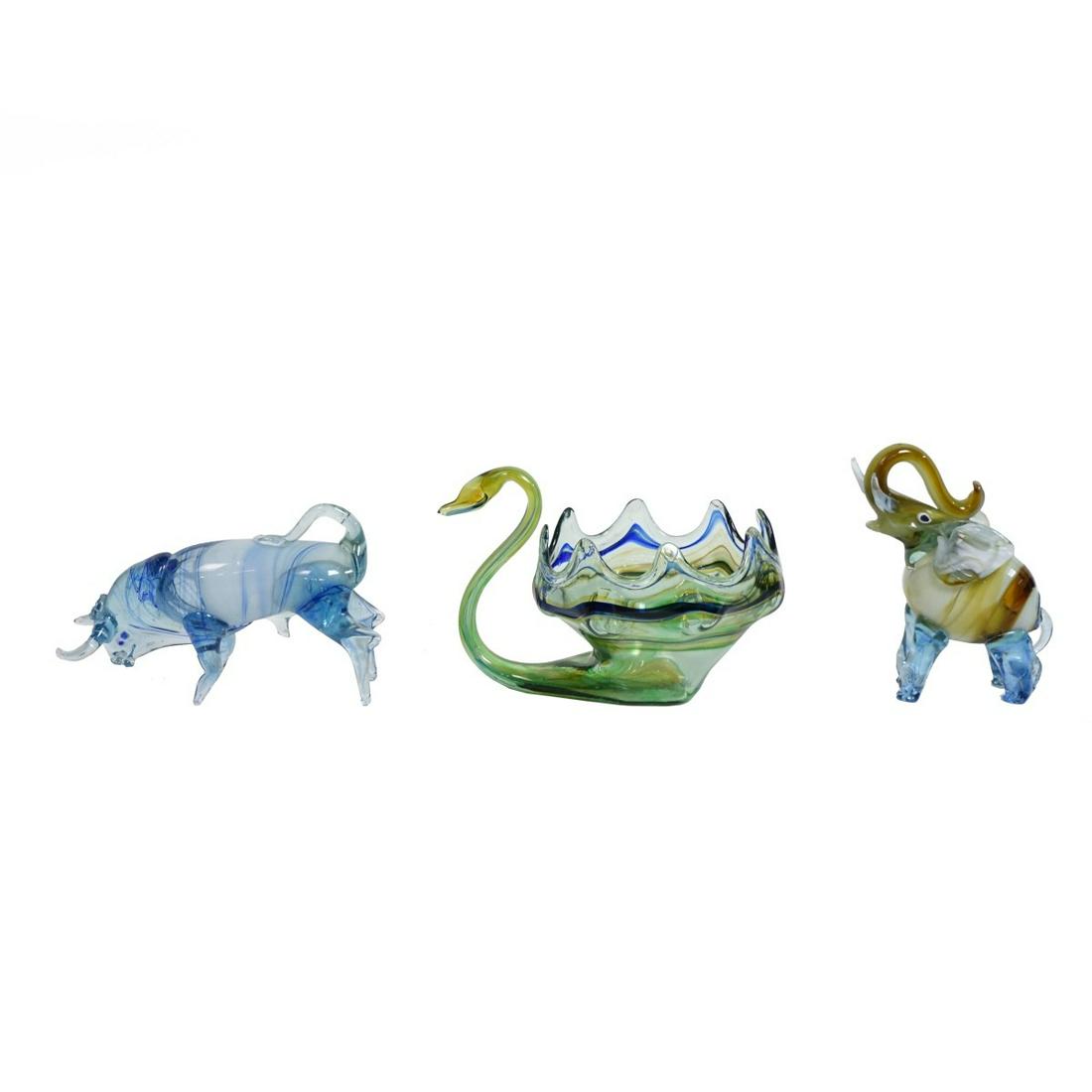 Three Art Glass Figurines, Swan, Bull, Elephant (1 of 4)