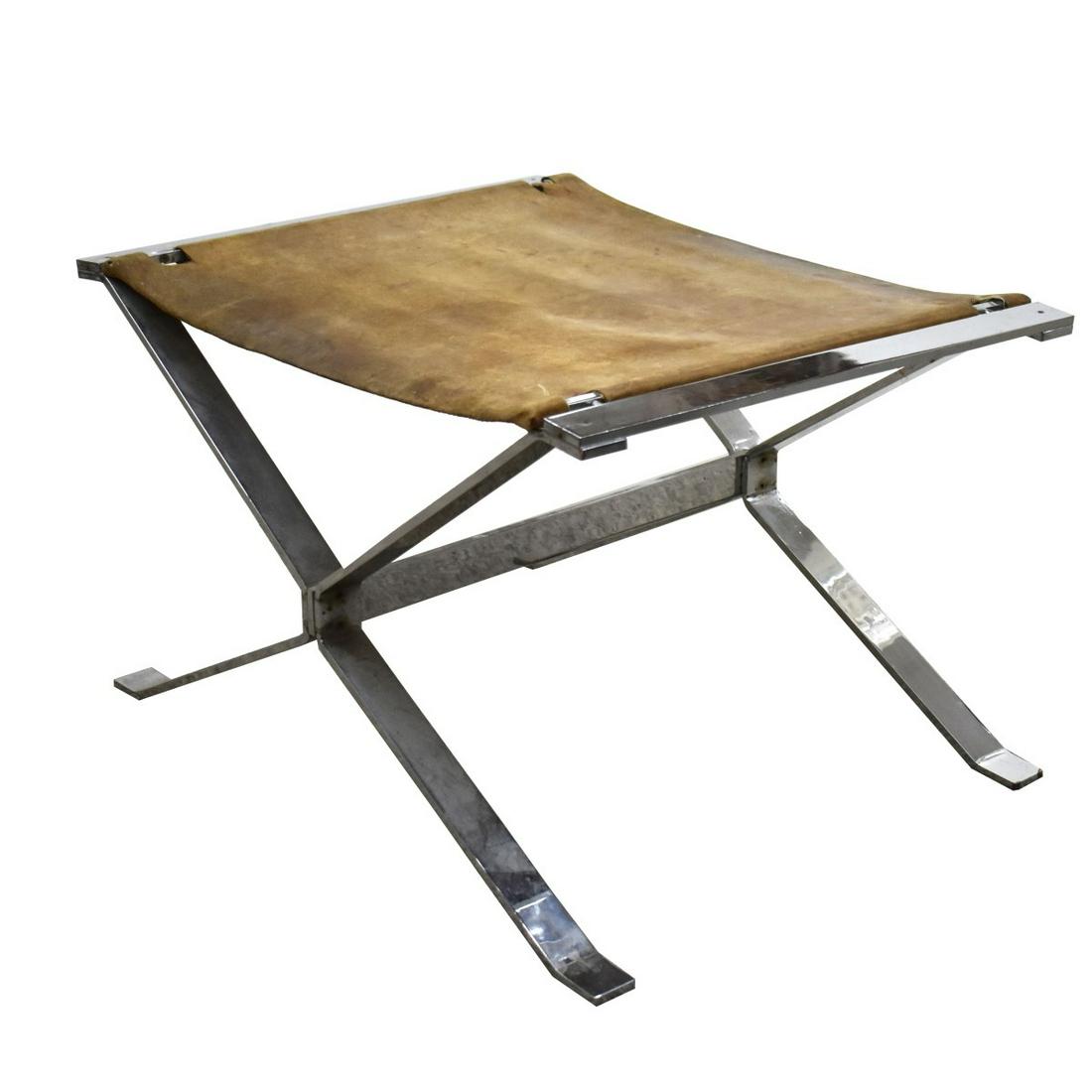 Brueton Style Chrome and Leather Ottoman: Modern Brueton Style Chrome and Leather Ottoman Bench. Measures 16" H x 19-1/2" D x 25-1/4" W Estimate: $200.00 - $300.00 Domestic Shipping: Third Party Condition: Good Condition. Leather has some wea