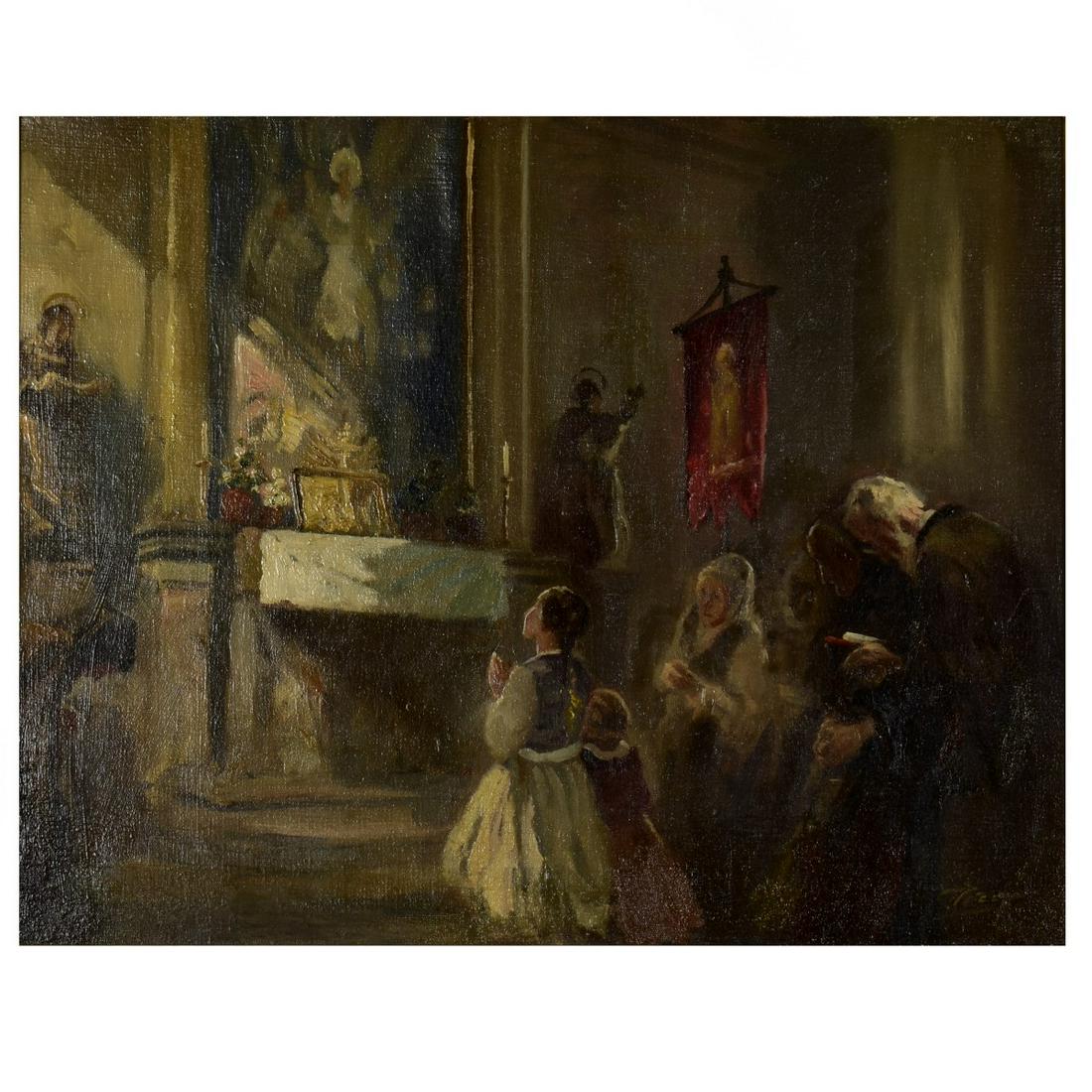 Henrik Pecz (1813 - 1868): Henrik Pecz, Hungarian (1813 - 1868) Oil on Canvas "Church Scene" Signed Lower Right. Measures 15-1/2" x 19-3/4". Frame measures 26-5/8" x 30-3/4" x 3-3/4". Estimate: $200.00 - $400.00 Domestic Shippi