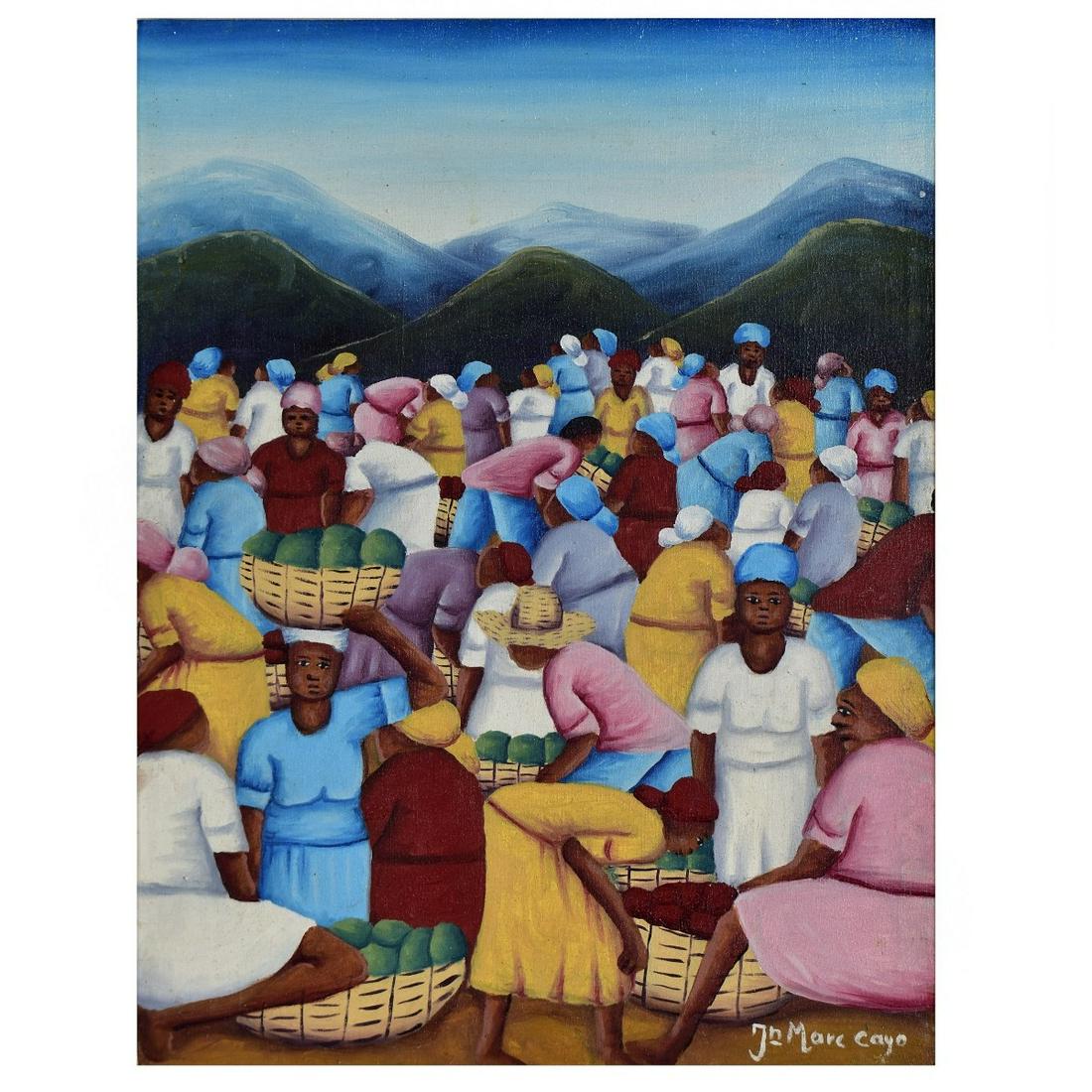 Jean Marc Cayo, Haitian (Born 1958): Jean Marc Cayo, Haitian (Born 1958) Oil on Canvas "Marketplace" Signed Lower Right. Measures 16-1/2" x 12-1/2". Frame measures 21" x 17". Estimate: $50.00 - $100.00 Domestic Shipping: $95.00 Condition
