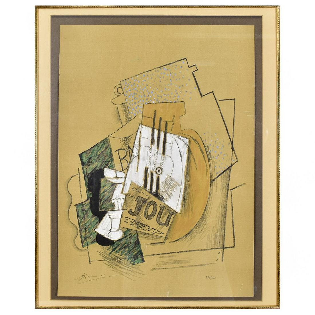 After: Pablo Picasso (1881 - 1973): After: Pablo Picasso, Spanish (1881 - 1973) Lithograph in Colors on Paper "Jou" Signed and Numbered 833/910. Sight measures 15" x 12". Frame measures 31-3/4" x 25-1/2". Estimate: $100.00 - $200.00 Dom