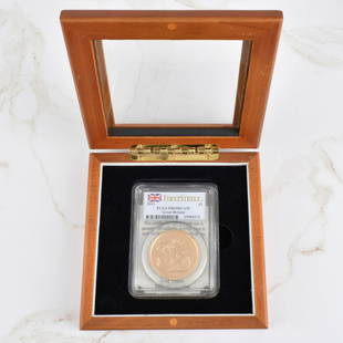 2011 British Gold Sovereign Coin: 2011 British First Strike Proof PCGS 5 Pound Sovereign Gold Coin. Weight: 39.94 grams, .917 fineness, measures 36.02mm. Mintage: 2000. With presentation box and COA. Estimate: $1500.00 - $2500.00