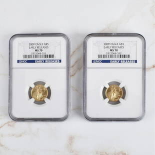 Two 2009 US $5 Gold Eagle Early Release: Two 2009 US $5 Gold Eagle MS70 NGC Early Release Coins. Estimate: $400.00 - $800.00 Domestic Shipping: $40.00 Condition: Professionally graded MS70. NGC #3372068-351 and #3372068-352