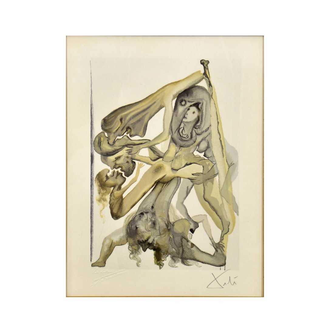 Salvador Dali, Spanish (1904 - 1989): Salvador Dali, Spanish (1904 - 1989) Woodblock on Paper "The Limbos" (Inferno Canto #4) Signed Lower Right. Impressed gallery lower left. Sight measures 10" x 7". Frame measures 26" x 23". Estimate: $