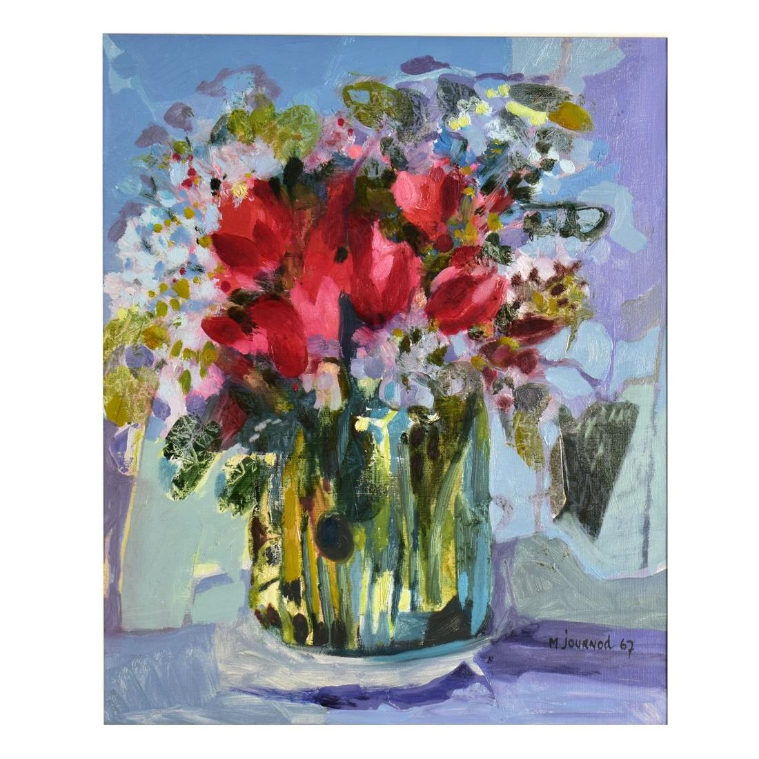 Monique Journod, French (Born 1935): Monique Journod, French (Born 1935) Oil on Canvas "Flower Bouquet" Signed Lower Right. Inscribed en verso. Measures 18-1/4" x 15". Frame measures 25-3/4" x 22-3/8". Estimate: $200.00 - $400.00 Domesti