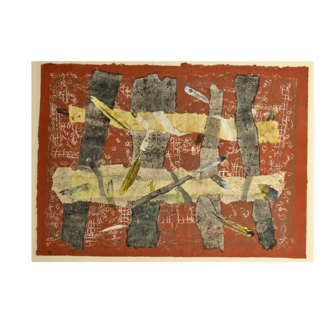 Tom Fricano, American (b. 1930): Tom Fricano, American (b. 1930), Color Woodblock, "Planks and Feathers Bound Together III". Pencil signed lower right, titled lower left. Measures 27-3/4" H, 20" W; frame measures 35" H, 29" W. Estima