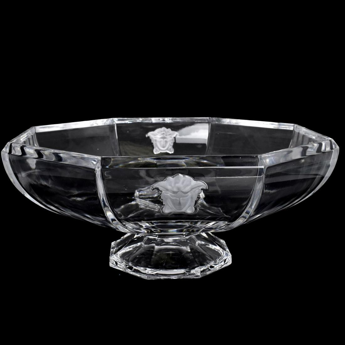 Rosenthal Versace Pedestal Bowl: Large Rosenthal Versace Crystal Pedestal Bowl. Signed on the base. Measures 5-1/8" x 12". Estimate: $200.00 - $300.00 Domestic Shipping: $75.00 Condition: Good condition.