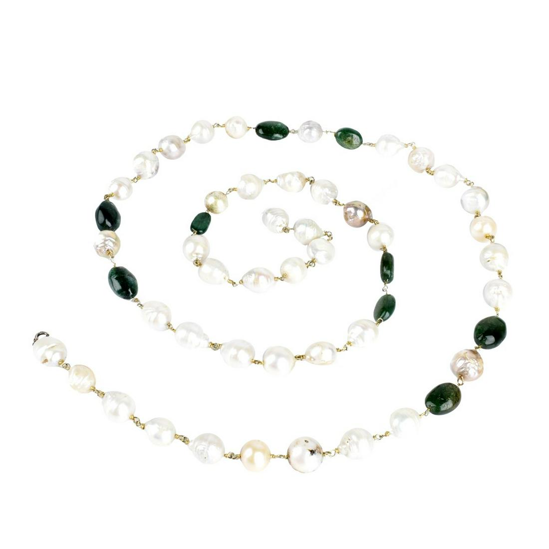Baroque Pearl and Emerald Necklace: Baroque Pearl, Tumbled Emerald Bead and Silver Vermeil Necklace. Largest pearls measure 12.5mm. Largest emerald measure 16.5 x 12.5mm. Necklace measures 41" L. Approx. weight: 139.44 grams. Estimate: 