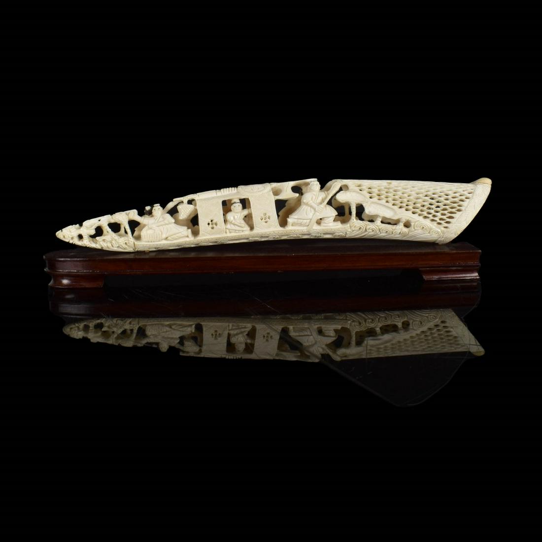 Antique Chinese Deep Relief Tusk: Antique Chinese Polychrome Painted Deep Relief Tusk Presented on a Wooden Base. Signed. Formed in the style of a ship. Measures 2" x 13-1/2" x 1-1/2" w/o base). We Will Not Ship This Item Out of State