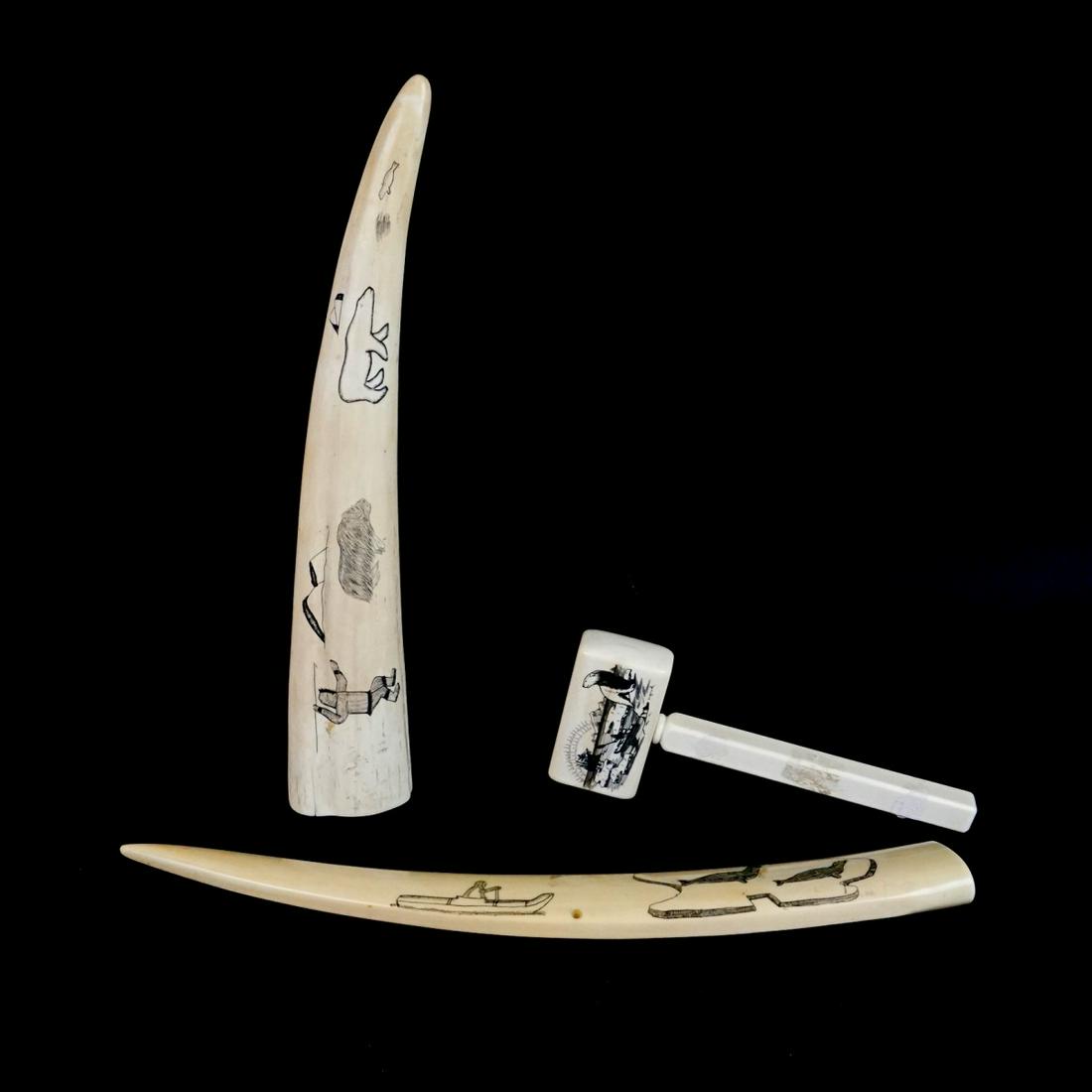 Three Assorted Inuit Eskimo Art Pieces: Inuit Eskimo Polychrome Bone Tusk Cribbage Board, Inuit Eskimo Polychrome Tusk, along with a Inuit Eskimo Hammer Form Sculpture. Each having etched figural scenes on the surface. Longest tusk measures