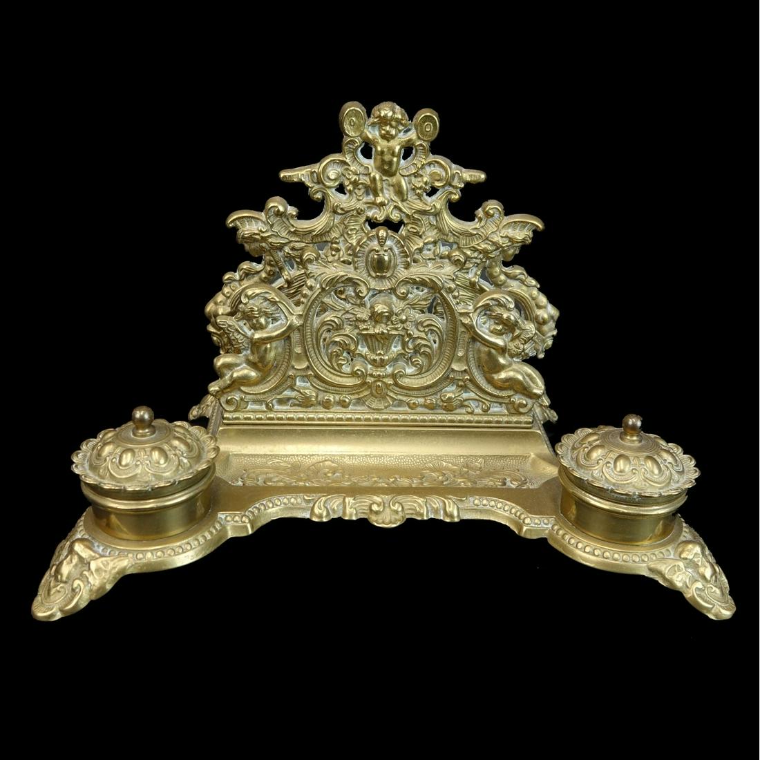Antique Brass Letter Holder with Two Inkwells (1 of 3)