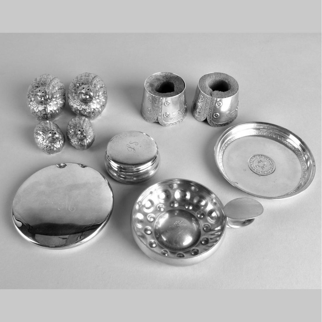 Ten Vintage Assorted Table Top Items: Grouping of Ten Vintage Assorted Table Top Items to Include Four Miniature Silverplated Bird Form Shakers, A Pair of Portuguese Silverplated Wine Collars, 800 Silver Dish, Miniature Silverplated Box,