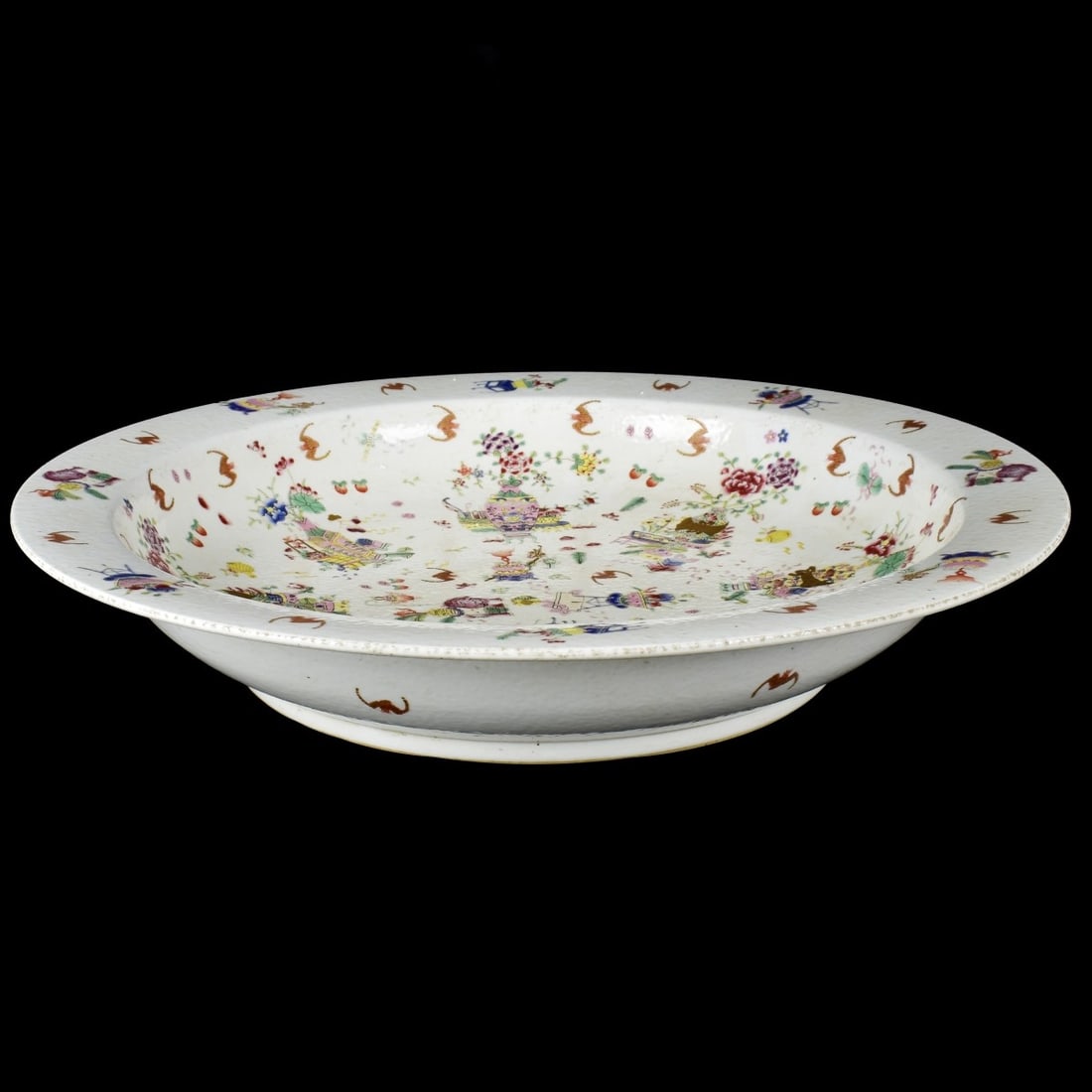 Large Chinese Porcelain Charger: Large Chinese Fu Bat Porcelain Charger. Signed on the base. Measures 3-1/4" x 17-3/8". Condition: Good condition. Estimate: $200.00 - $600.00 Domestic Shipping: Third party