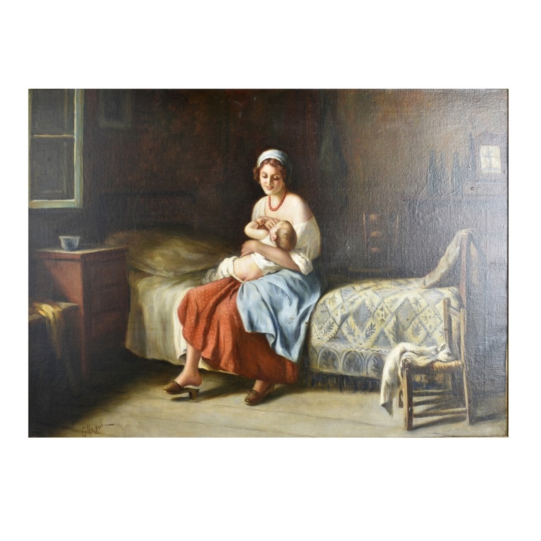Giuseppe Magni, Italian (1869â€“1956): Giuseppe Magni, Italian (1869â€“1956) Oil on Canvas, Nursing the Baby. Signed lower left. Measures 20" H, 28" W; frame measures 27-1/8" H, 35" W. Condition: Very good condition. Estimate: $600.00