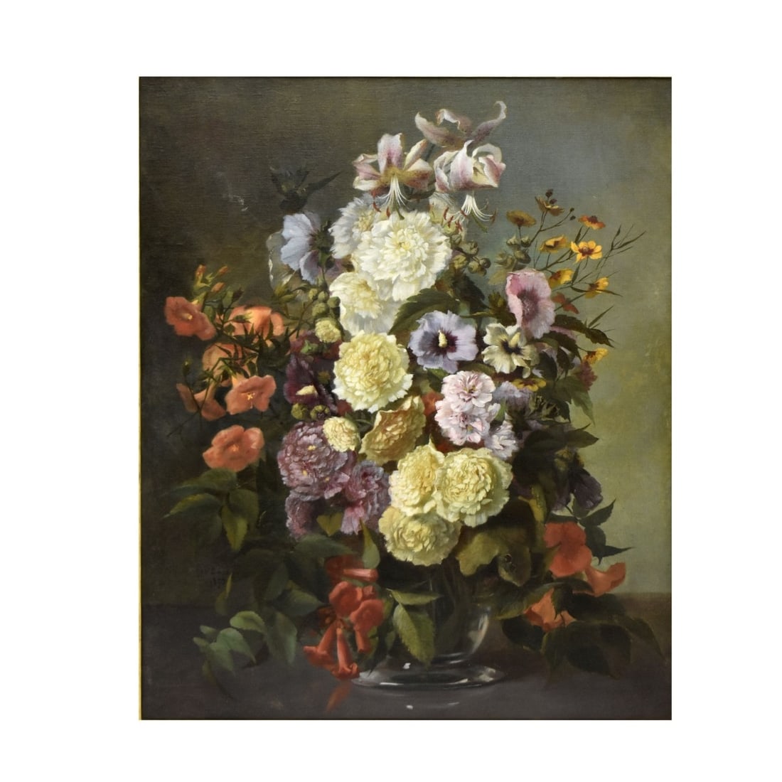 19th Century Gab Durant Oil on Canvas: Gab Durant, Floral Still Life signed and dated 1853 mid lower left. Measures 36-1/2" x 29" Frame 41-1/2 x 34". Condition: Good Condition, light foxing to back of canvas, a scuff to painting upper left