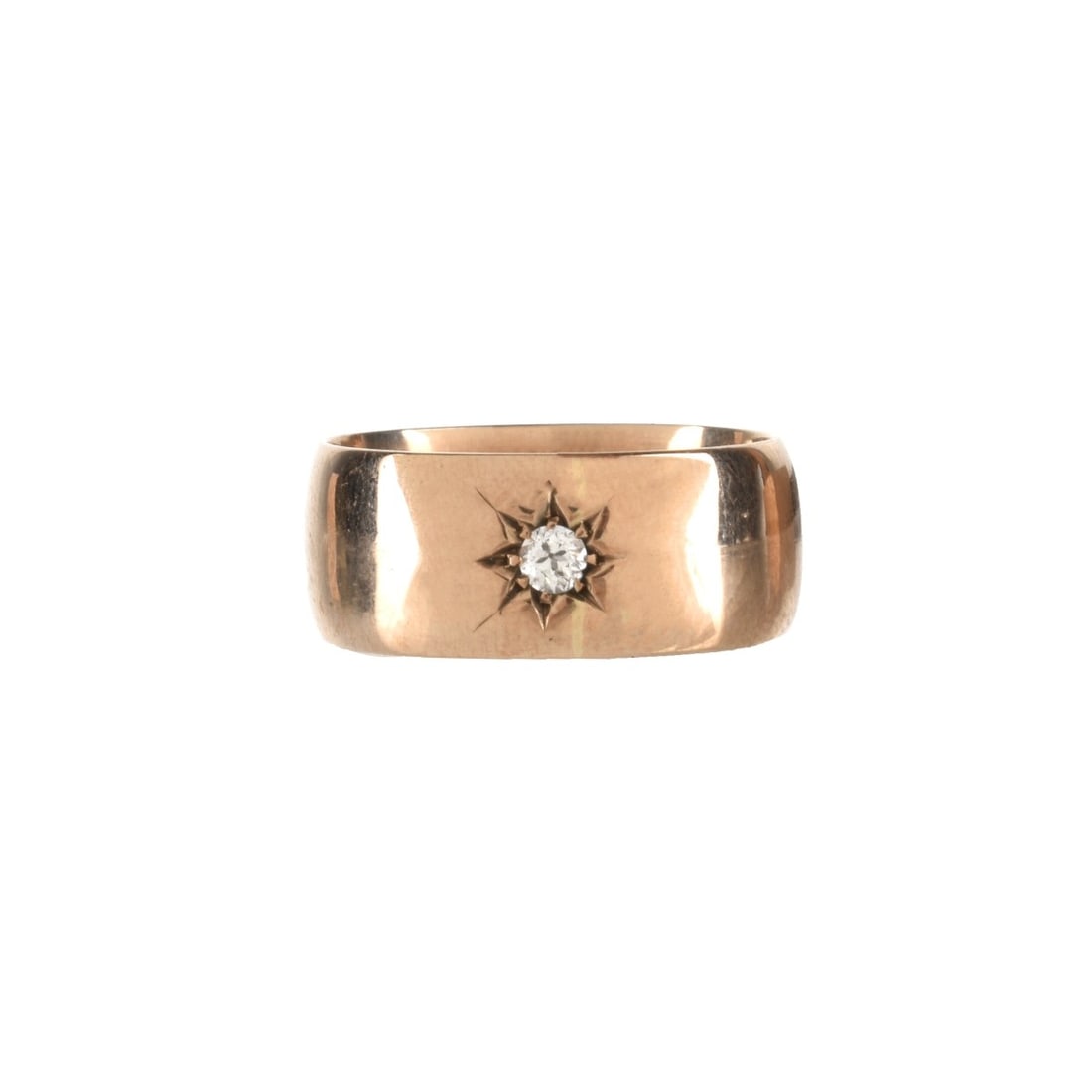 Diamond and 9K Band: Antique Birmingham England 9 Karat Yellow Gold Wedding Band Accented with Small Old European Cut Diamond. Stamped 9, .375 and maker;s mark NBs. Ring size 8-1/4. Approx. weight: 6.71 grams. With antiqu