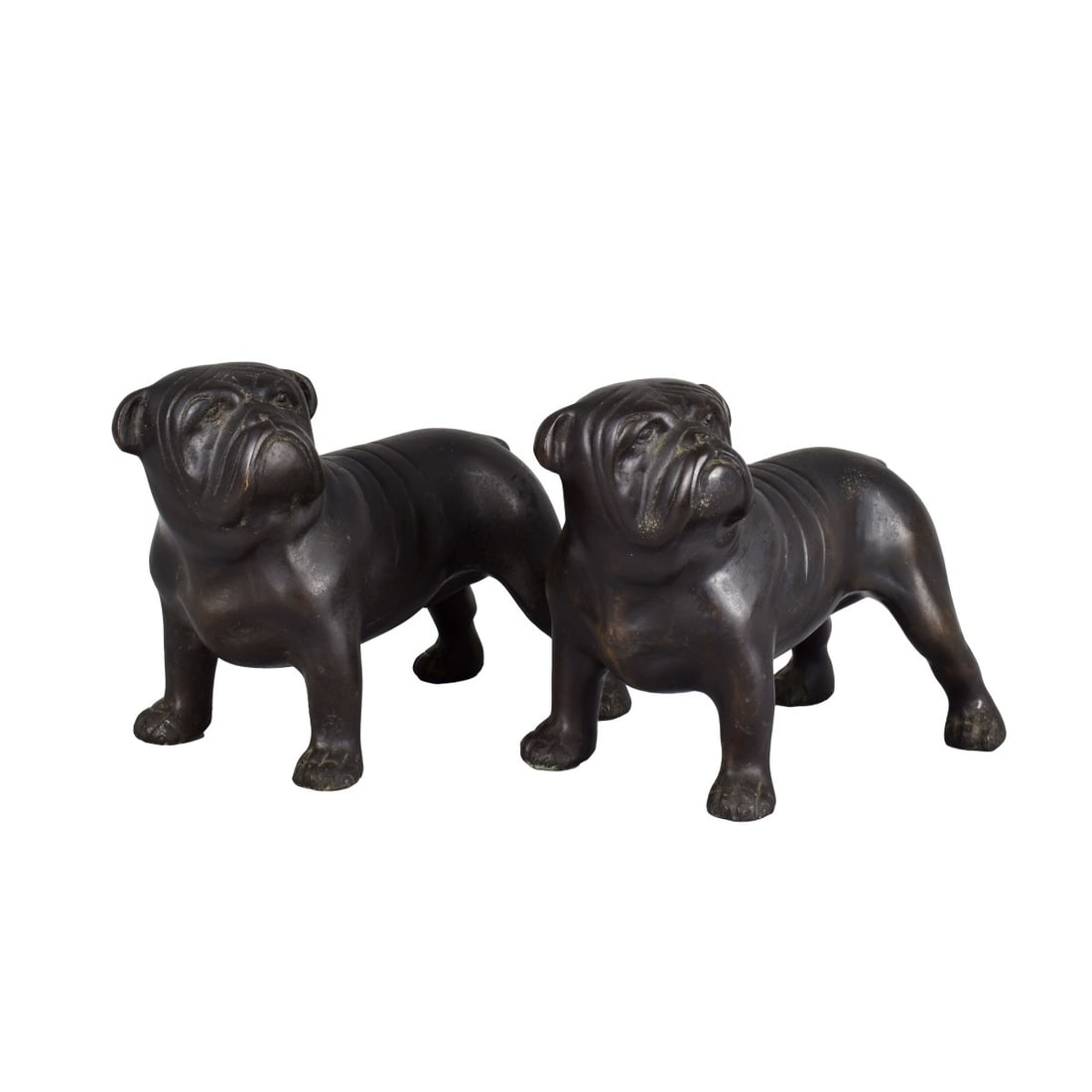 Two Bronze Bulldog Sculptures: Two (2) Bronze Bulldog Sculptures. Unsigned. Each Measures 6" H x 7-1/2"L x 4-1/2"W Condition: Good condition, Green to bottom of feet. Estimate: $50.00 - $100.00 Domestic Shipping: $72.00