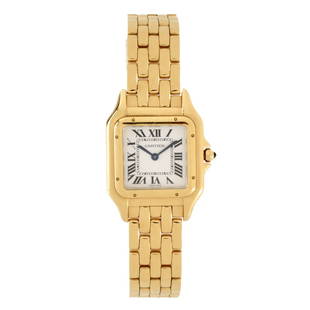 Panthere De Cartier 18K Watch: Lady's Panthere De Cartier 18 Karat Yellow Gold Bracelet Watch. Medium model. Swiss quartz movement. Signed, stamped 750. numbered 519125BX 4014. Case measures 35 x 26.5mm. Bracelet measures 6"