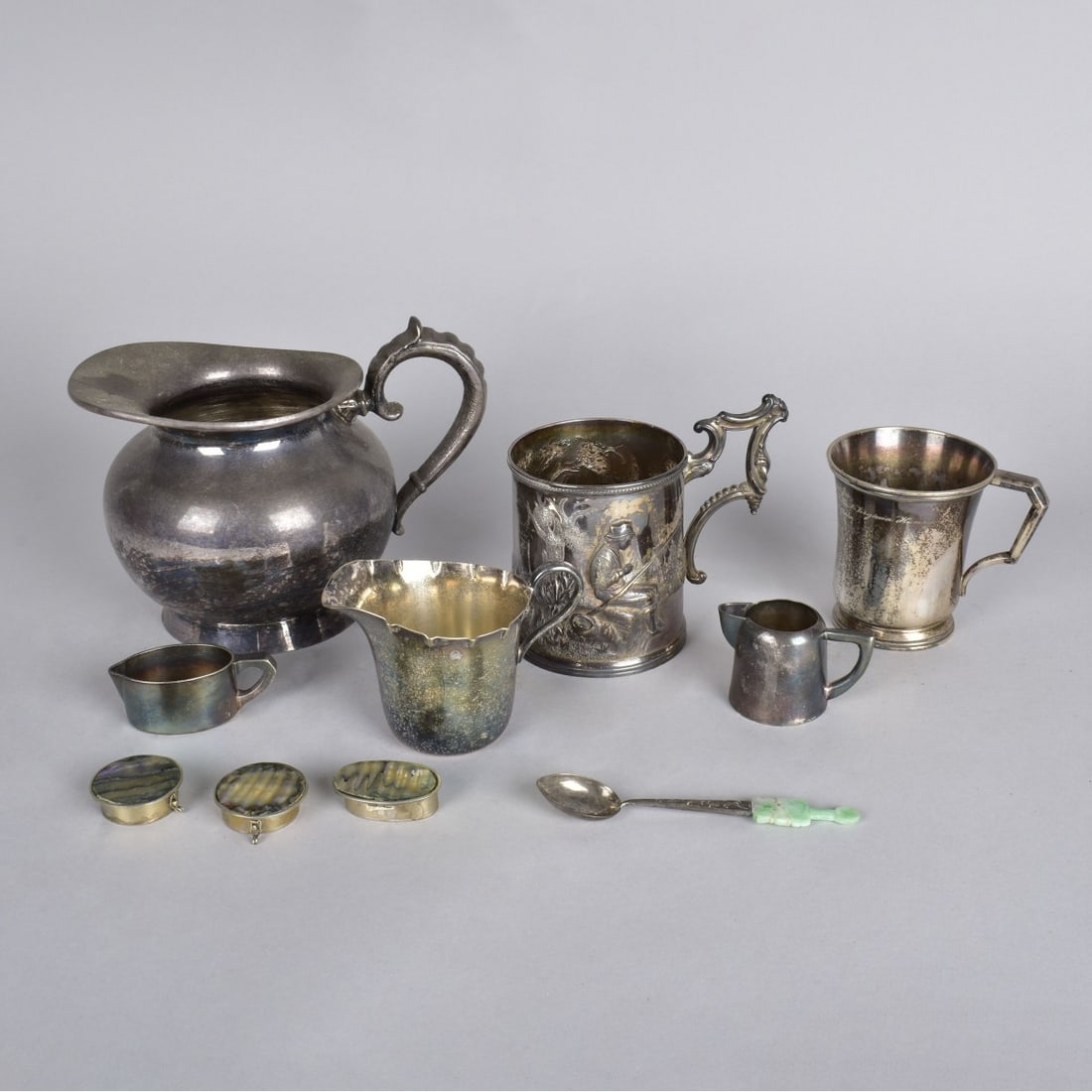 Assorted Silver Plate Tableware: Assorted Silver Plate Tableware. Ten (10) Pieces of Silver Plate and Alpaca. Two Cups with dedications to Virginia. 4 Pitchers Winsor Plate Chili, Hotel Ochsen Austria, 3 MOP Pill Boxes Hecho Mexico,