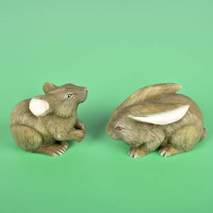 Two Antique Japanese Netsuke Figurines: Lot of Two Antique Japanese Polychrome Rabbit Netsuke Figurines. Each marked on the base. Tallest measures 1-1/2" x 1" x 1-3/4". Smallest measures 1-1/4" x 1" x 2". We Will Not Ship This Item Out of S