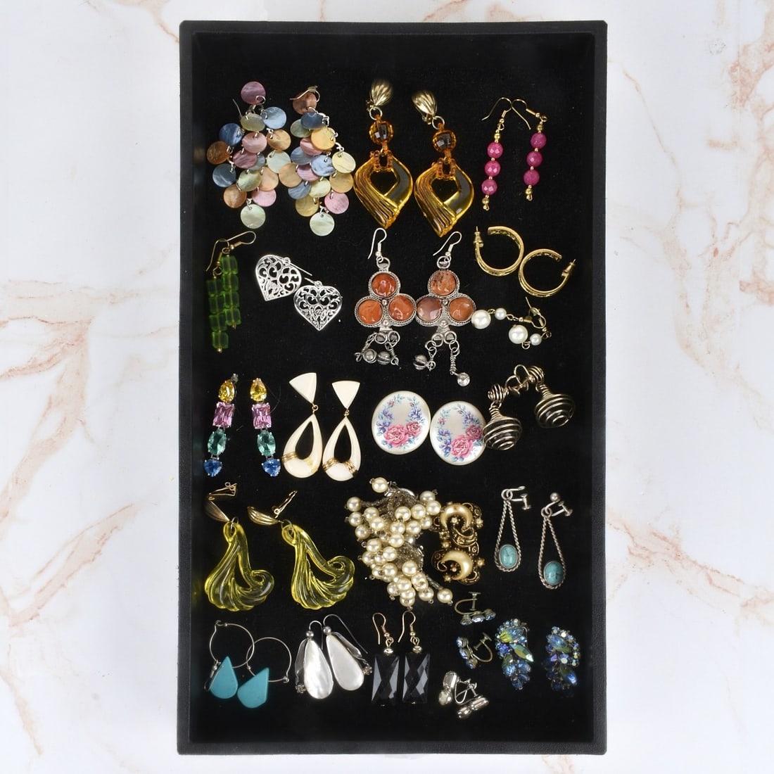 Collection of Costume Earrings: Collection of Twenty-two Pair of Vintage Earrings. Variously accented with turquoise, pearls, carnelian, mother of pearl, faux gemstones, faux pearls and others. Various styles and makers. Condition: 