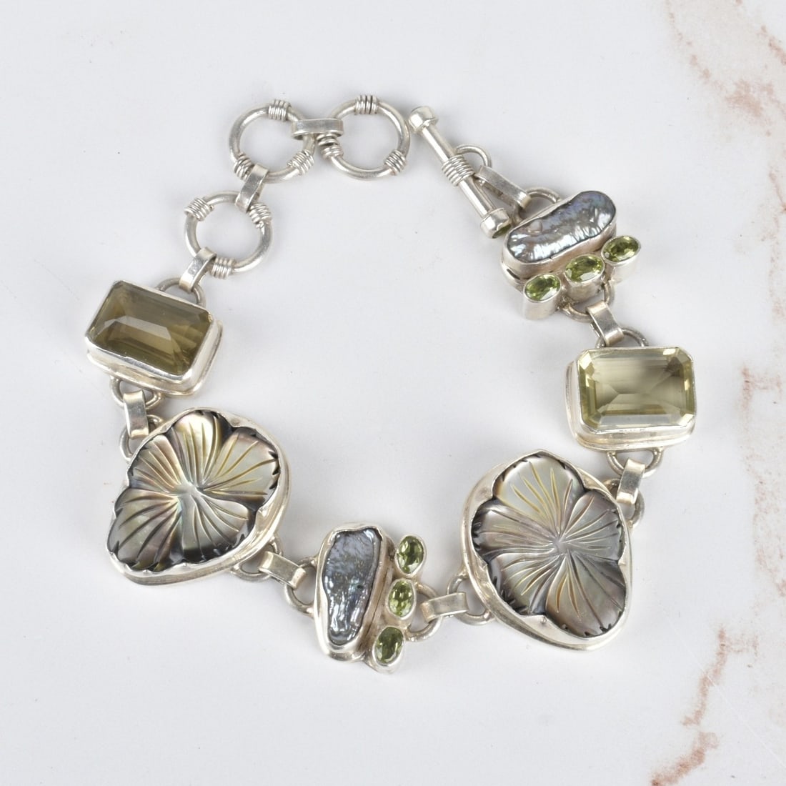 Gemstone, Pearl, Shell and Silver Bracelet (1 of 4)