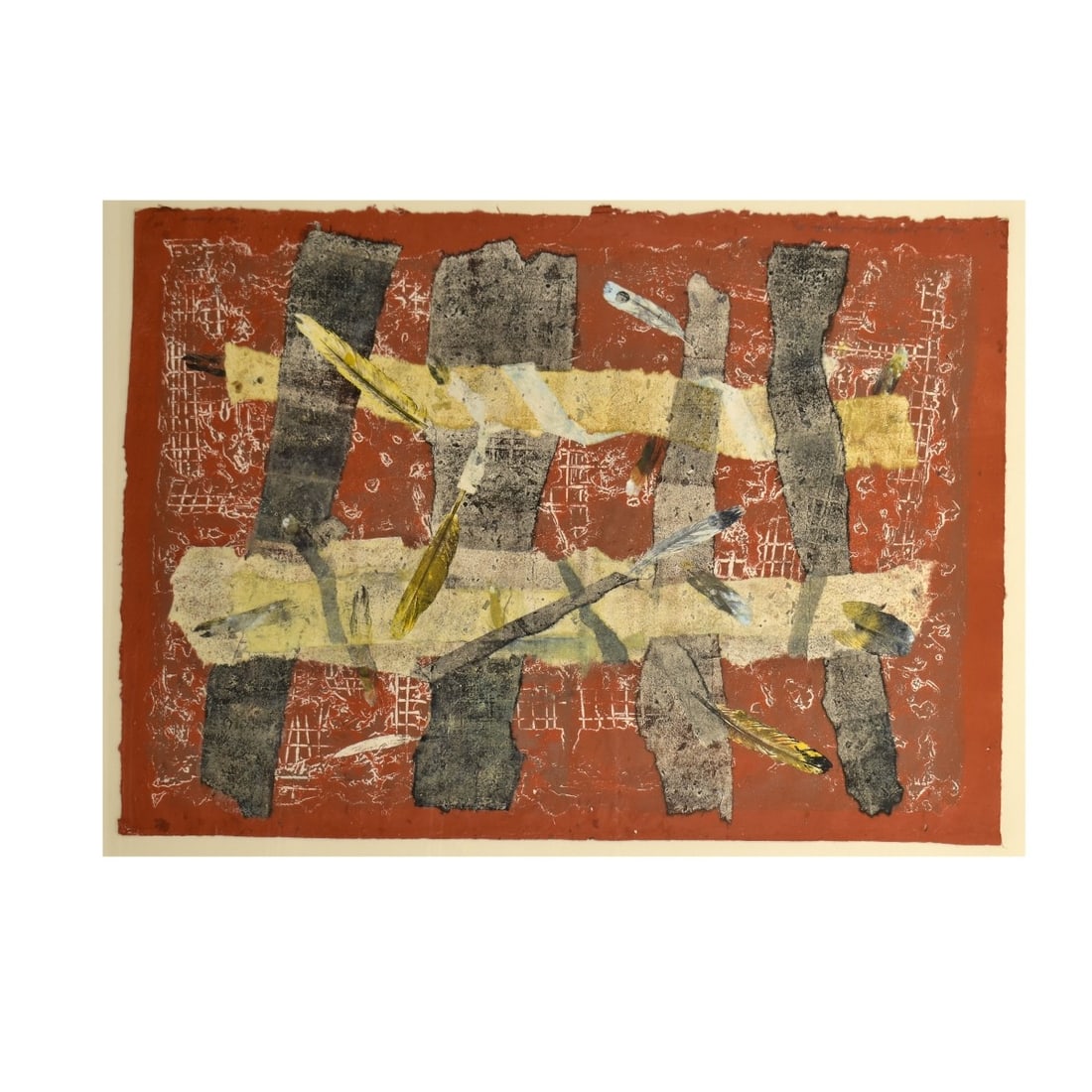 Tom Fricano, American (b. 1930) Woodblock: Tom Fricano, American (b. 1930), Color Woodblock, "Planks and Feathers Bound Together III". Pencil signed lower right, titled lower left. Measures 27-3/4" H, 20" W; frame measures 35" H, 29" W. Condit