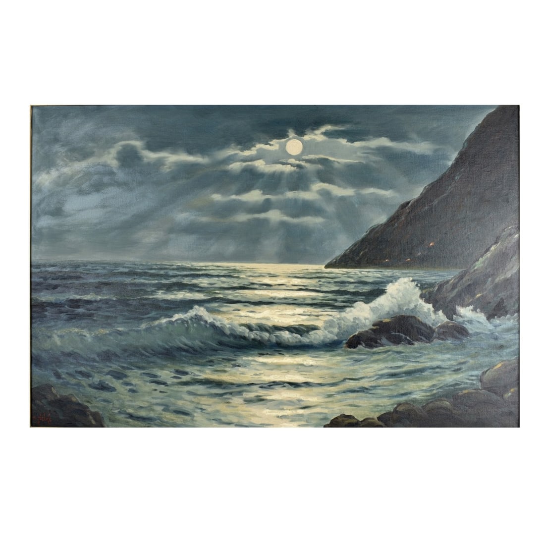 Alexander Nelke (1894 - 1974): Alexander Nelke, Estonian / American (1894 - 1974) "Moonlight Over Waves" Oil on Canvas, Signed Lower Left. Measures 24" x 36". Frame measures 31-3/4" x 43-3/4". Condition: Good condition. Estimate: $