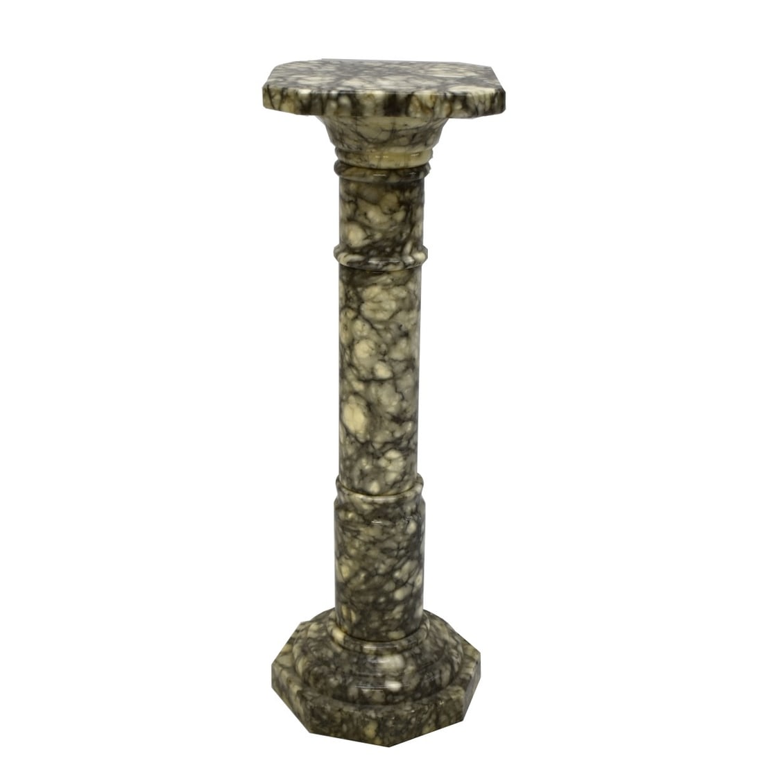 Vintage Marble Column Pedestal: Vintage Yellow Veined Marble Column Pedestal. Measures 26-1/2", Top measures 8-3/4" square. Condition: Good condition. Estimate: $100.00 - $200.00 Domestic Shipping: Third party