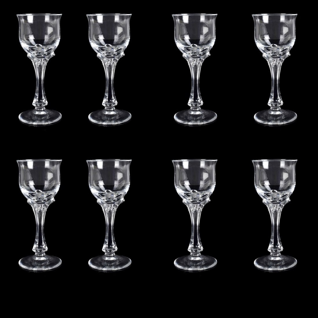 Eight Nachtmann Germany Cordial Glasses: Eight (8) Nachtmann Germany Onyx Crystal Cordial Glasses. Measure 4-384" Condition: Good Condition Estimate: $50.00 - $150.00 Domestic Shipping: Third Party