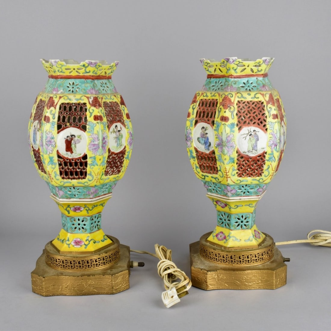 Pair of Chinese Famille Juane Marriage Lamps: Pair of 19th Century Chinese Famille Jaune Reticulated Porcelain Marriage Lamps. Lamps have been electrified. Lamps measures 12-1/4" x 6-1/2". Overall measures 14-1/2" x 6-1/4". Condition: Good condit