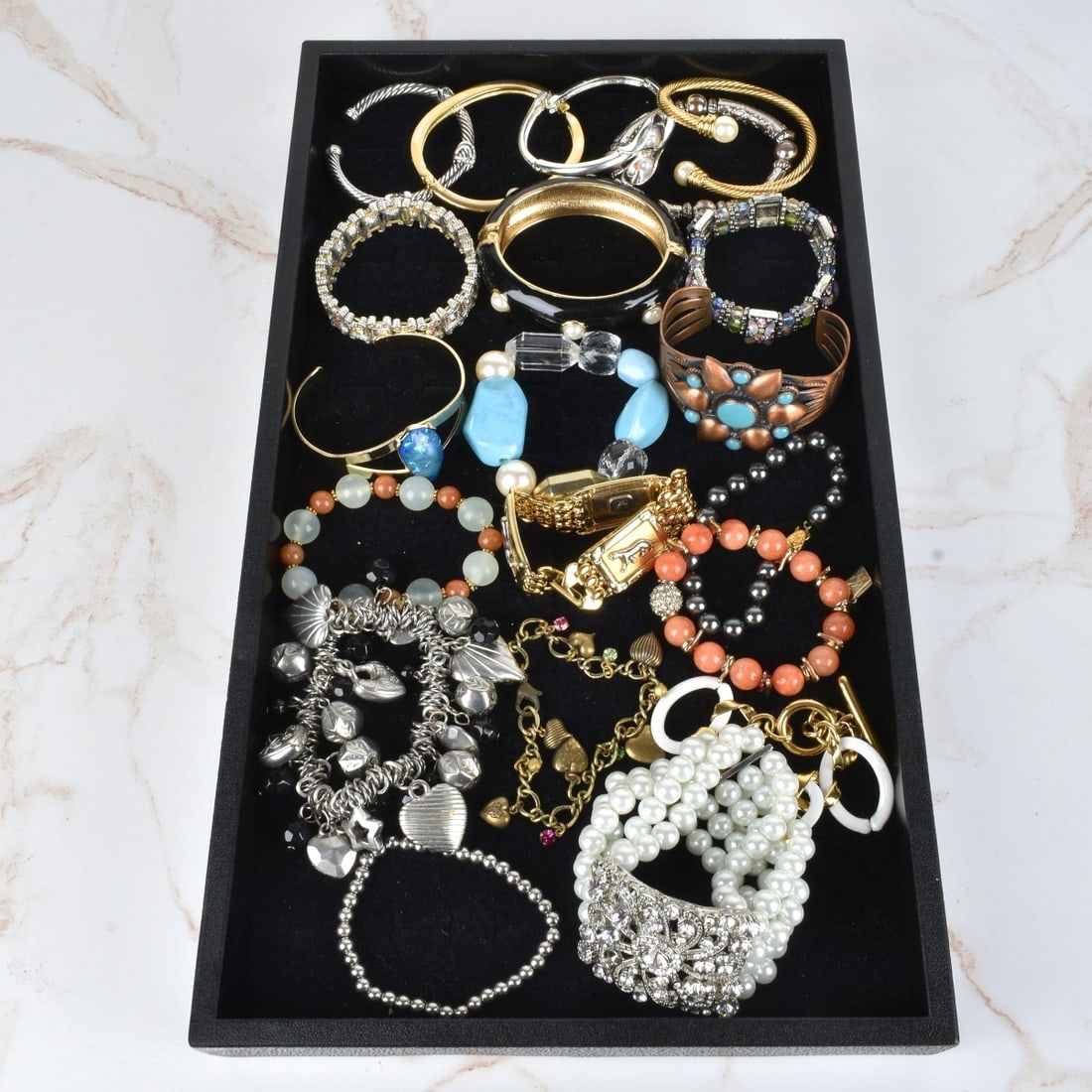Collection of Fashion Bracelets: Collection of Twenty Vintage Fashion Bracelets. Variously accented with faux diamonds, faux gemstones, faux pearls, beads, enamel and more. Various styles and makers. Condition: Good vintage condition