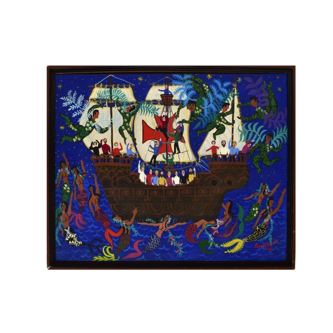 Gerardo Rosales (b. 1967): Gerardo Rosales, Venezuelan (b. 1967) Oil on Canvas "Coming to the New World" Signed Lower Right. Inscribed in Spanish en verso. Measures 18-7/8" x 23-3/8". Frame measures 20-1/2" x 24-7/8". Condition