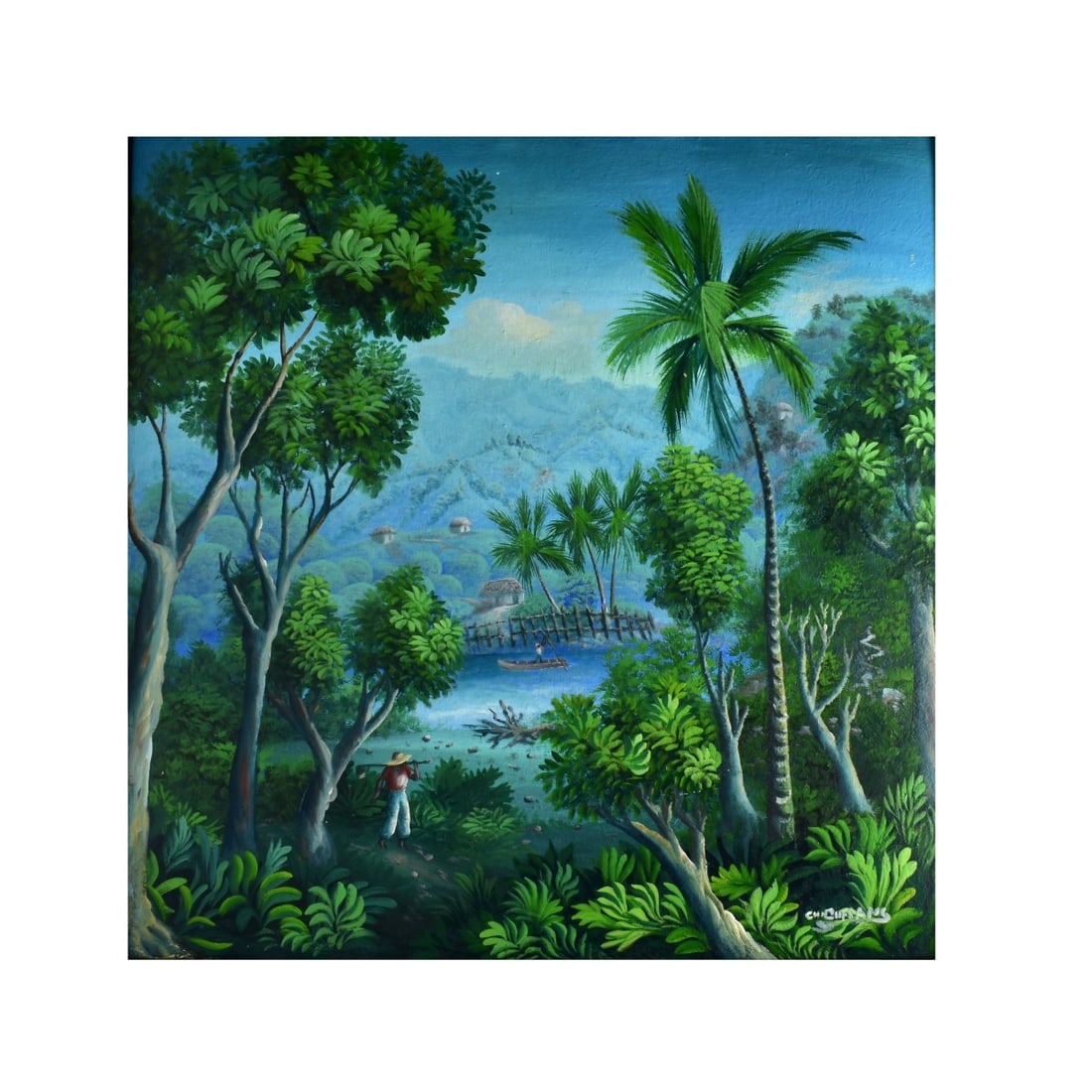 Charles Dufranc (Born 1948): Charles Dufranc, Haitian (Born 1948) Oil on Board "View of Haiti" Signed Lower Right. Sight measures 31-1/4" x 30-5/8". Frame measures 35-1/4" x 34". Condition: Good condition. Estimate: $100.00 - $30