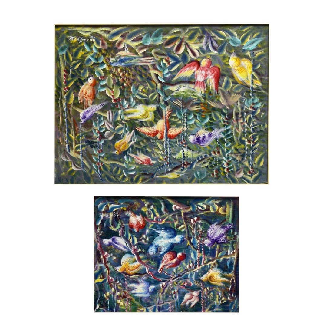 Charles Dufranc (Born 1948): Charles Dufranc, Haitian (Born 1948) Grouping of Two Oil on Board Paintings "Bird Studies" Each Signed Lower Right. Largest frame measures 17-1/4" x 21-1/4". Remaining frame measures 13-1/8" x 15-1/8"